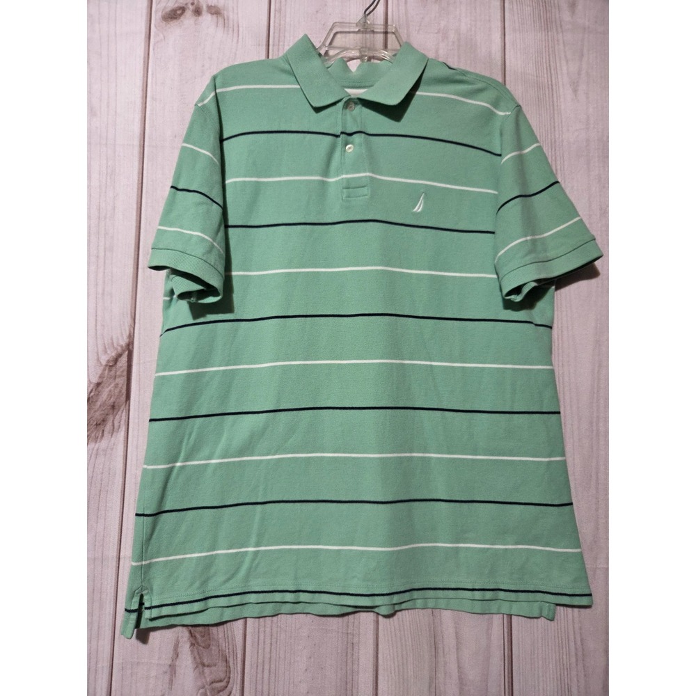 Nautica Mens True Deck Shirt Polo Green Striped Short Sleeve Cotton Large